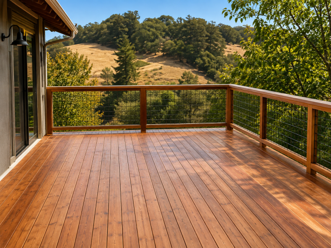Redwood Deck with Modern Hog Wire Railings