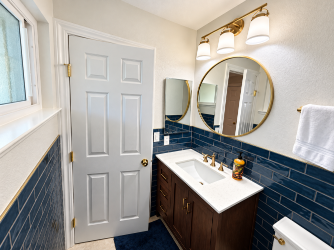Downstairs Half Bath Remodel | Rich Blue Tile & Brass Finishes